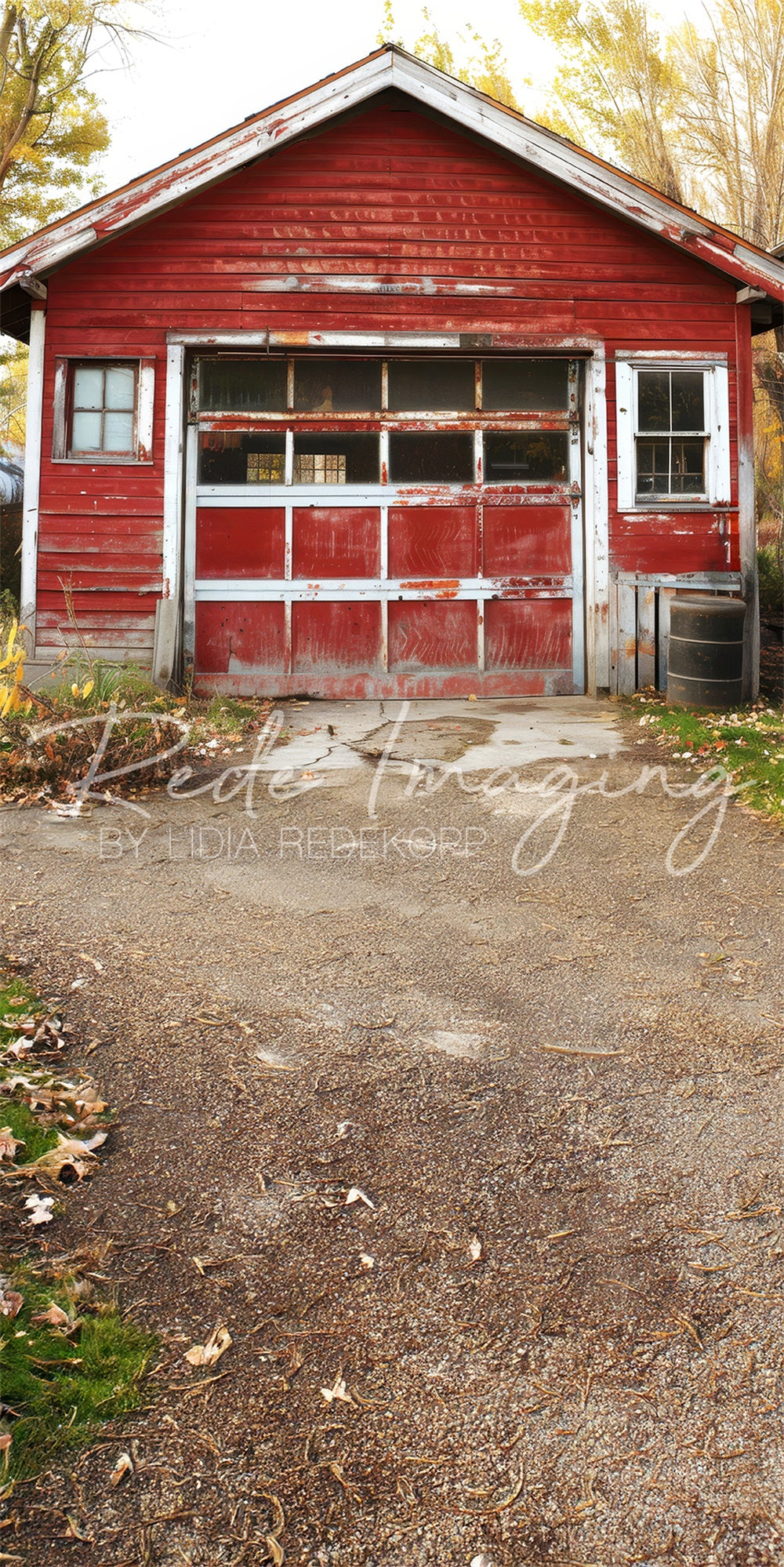 TEST Kate Autumn Outdoor Forest Red Old Garage Backdrop Designed by Lidia Redekopp