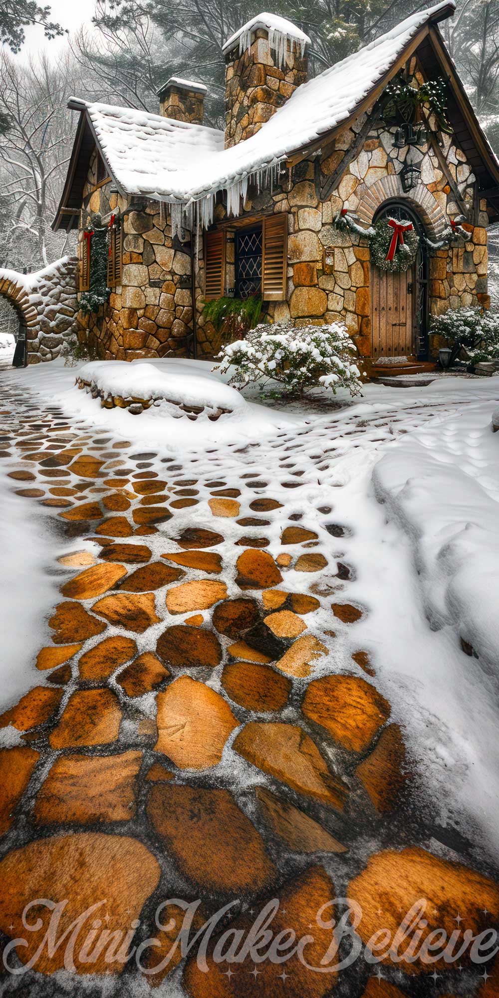 Kate Sweep Winter Outdoor Forest Brown Stone Cottage Backdrop Designed by Mini MakeBelieve