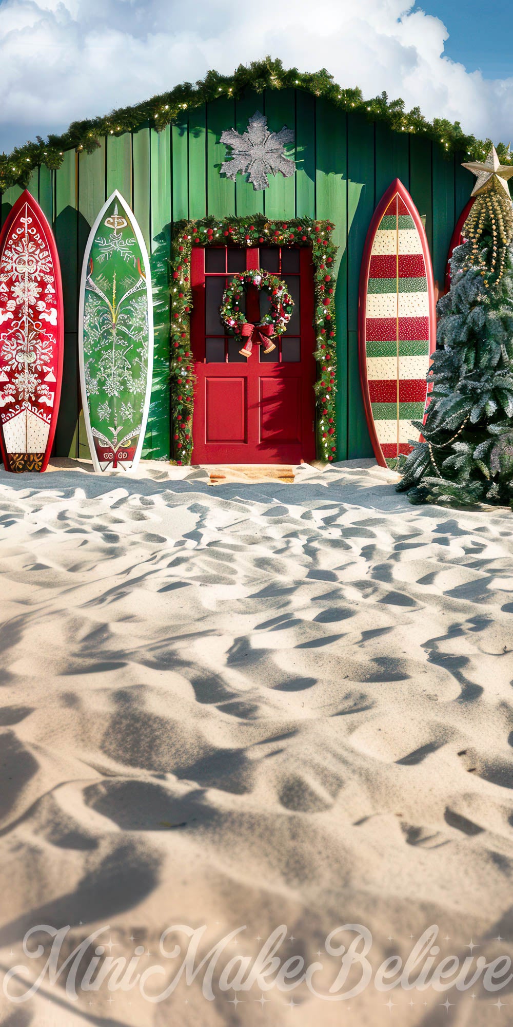 Fondo de tienda de tablas de surf en la playa del árbol de Navidad de Kate diseñado por Mini MakeBelieve.