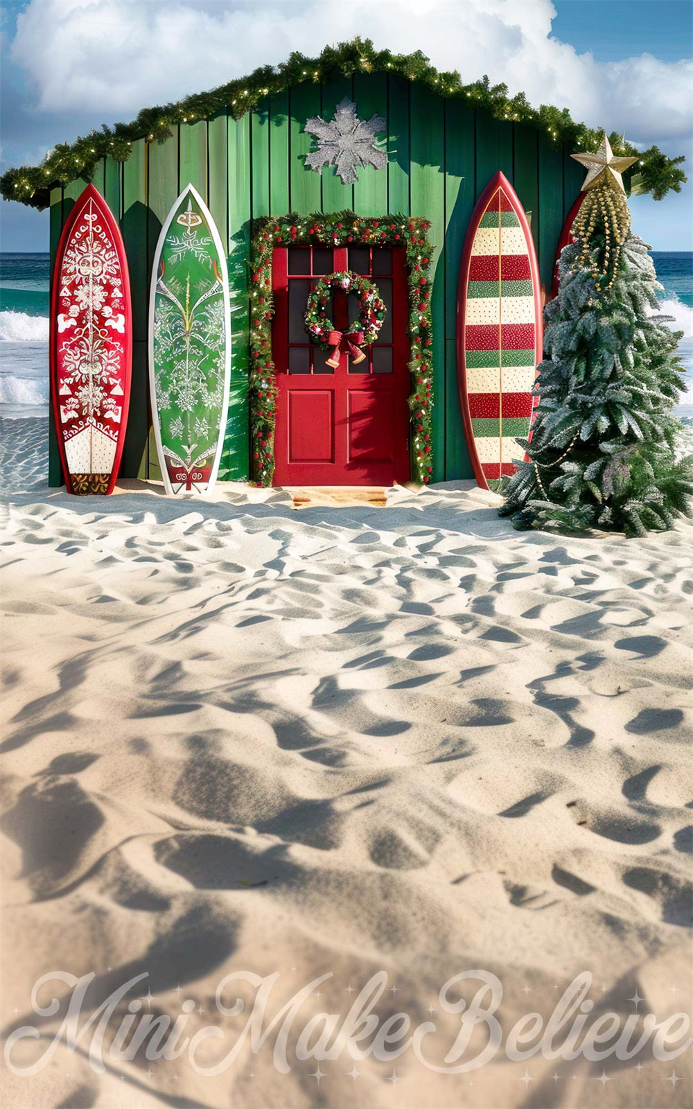 Kerstboom Zee Strand Surfplank Winkel Foto Achtergrond
