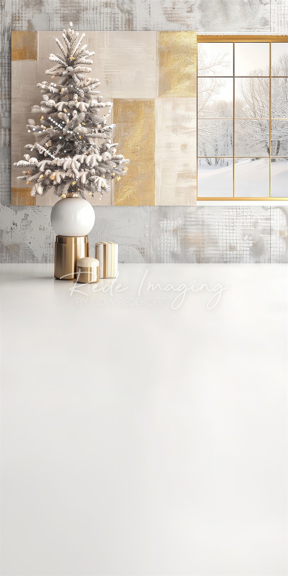 Kate Sweep Christmas Tree Modern White Gold Window Plaid Wall Backdrop Designed by Lidia Redekopp