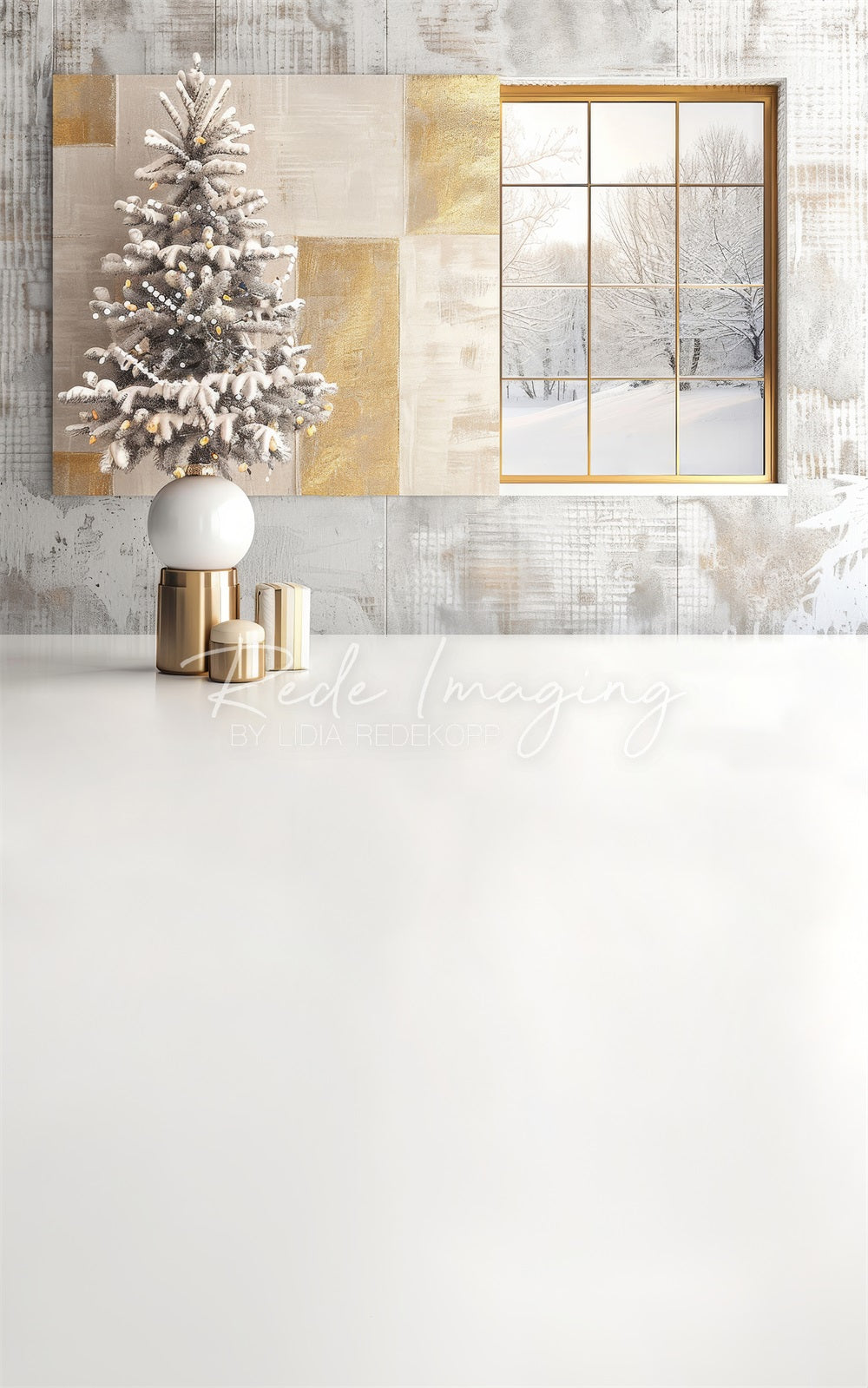 Kate Sweep Christmas Tree Modern White Gold Window Plaid Wall Backdrop Designed by Lidia Redekopp