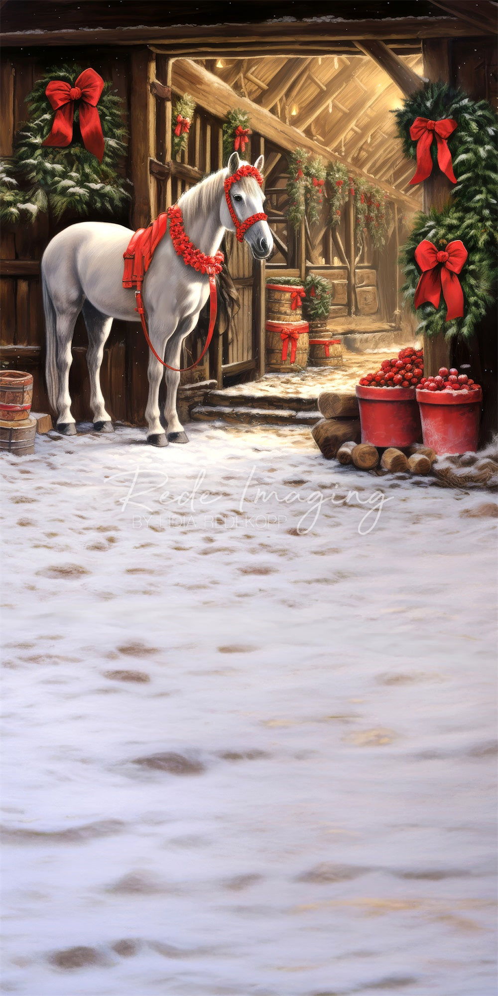 Kate Sweep Christmas Wreath Barn White Horse Backdrop Designed by Lidia Redekopp