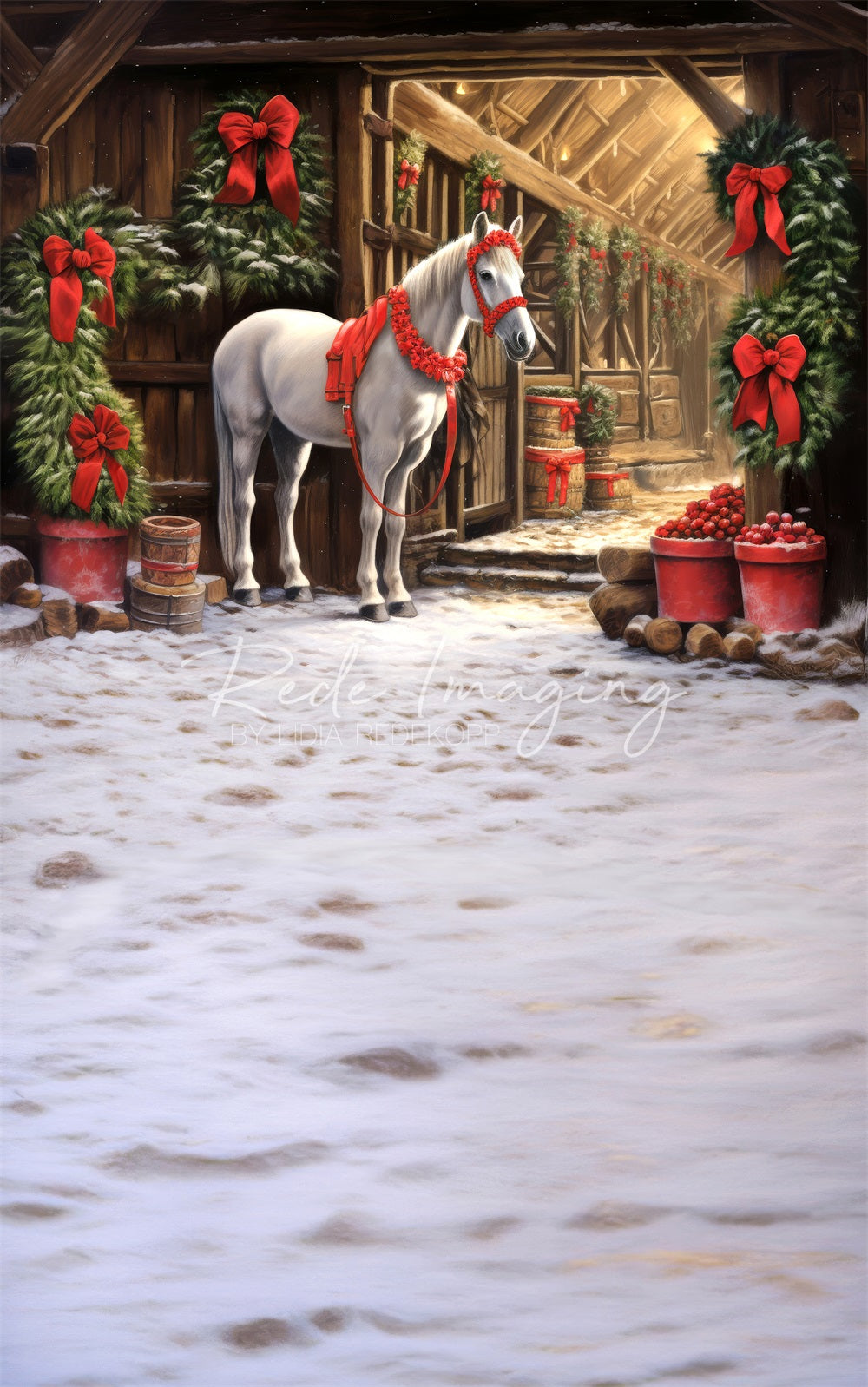 Kate Sweep Christmas Wreath Barn White Horse Backdrop Designed by Lidia Redekopp