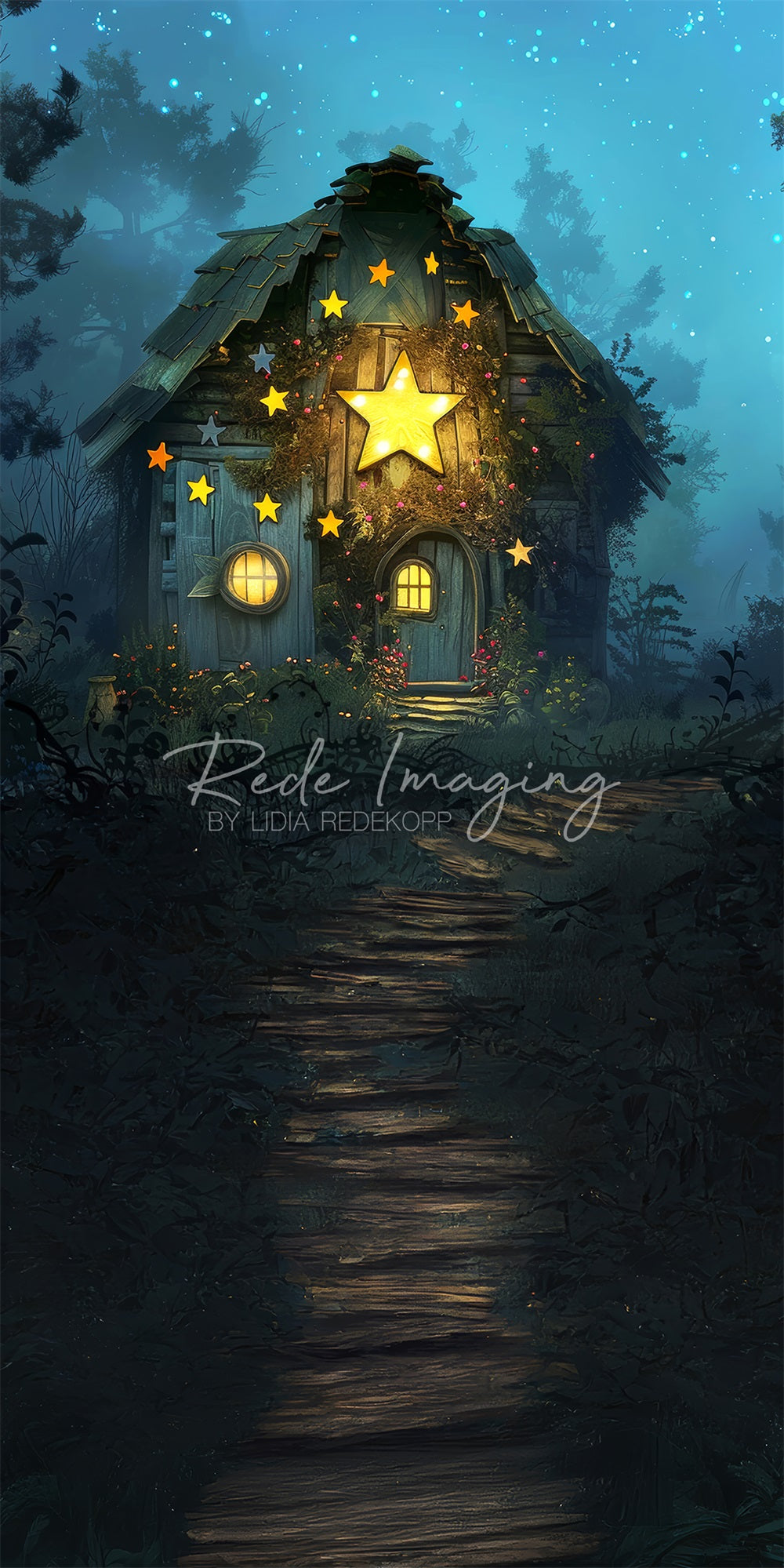 Kate Dreamy Forest Enchanted Star Wooden Hut Backdrop Designed by Lidia Redekopp