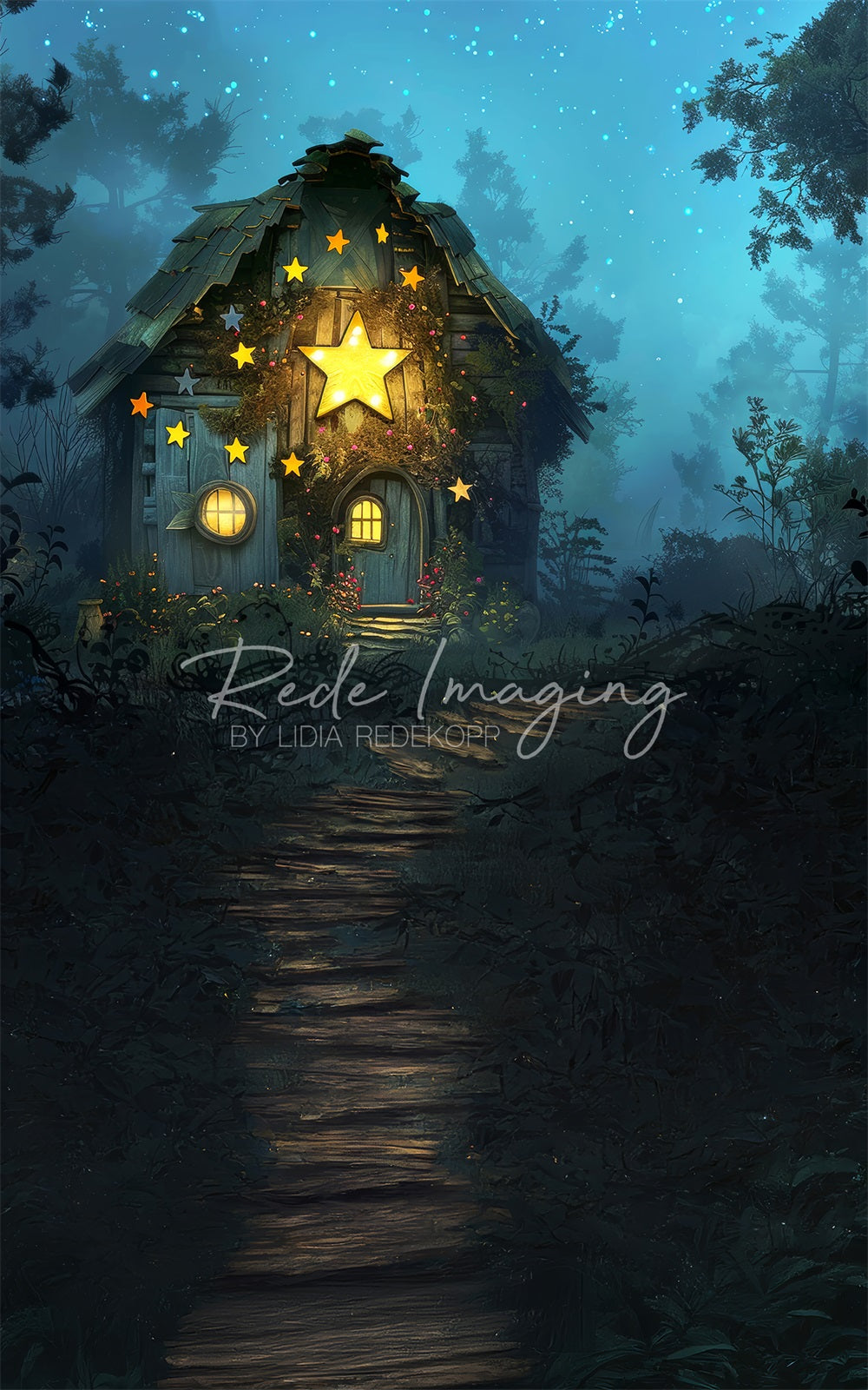 Kate Sweep Dreamy Forest Enchanted Star Wooden Hut Backdrop Designed by Lidia Redekopp