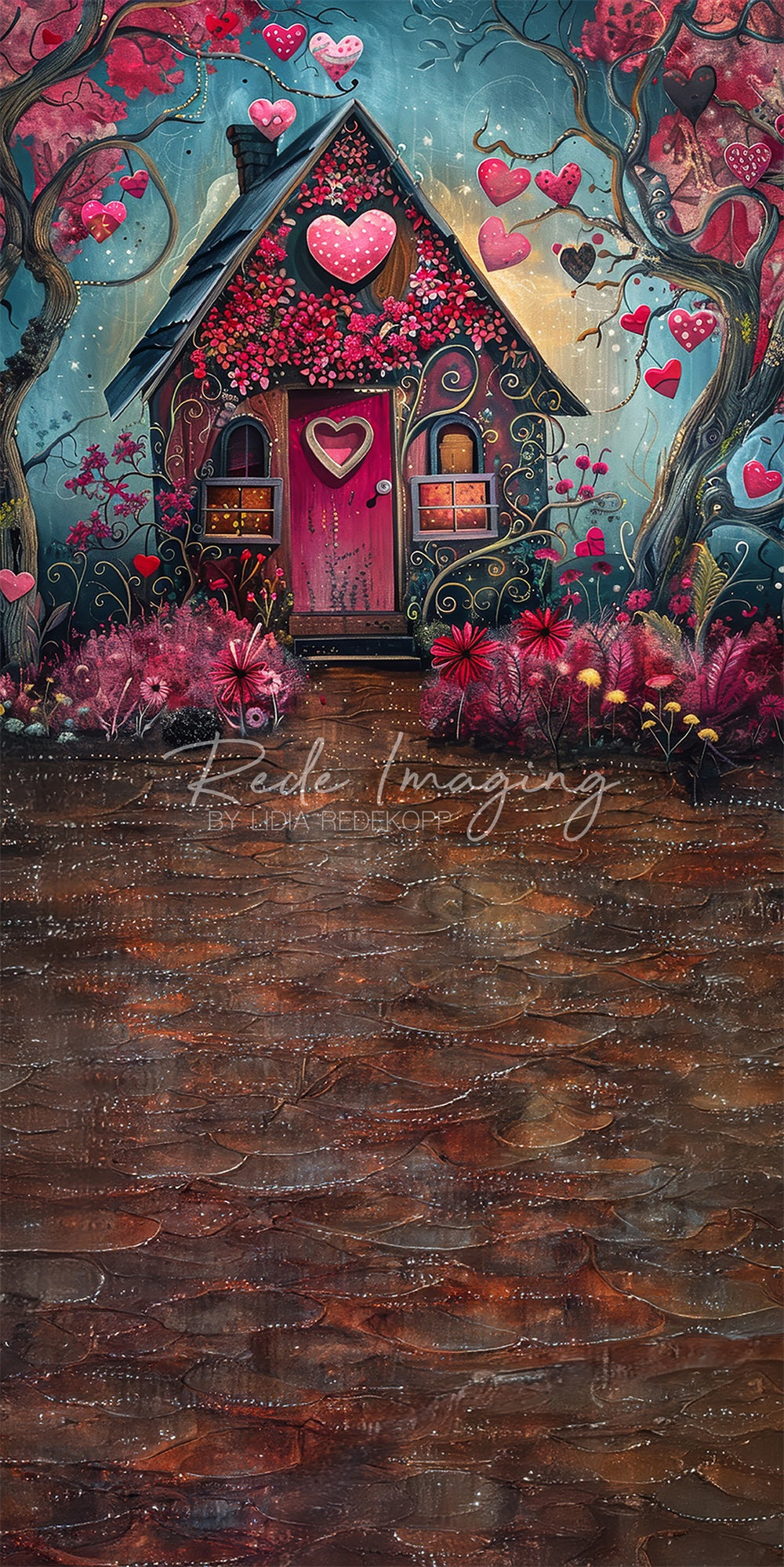 Backdrop de cabaña de corazón rojo en el bosque de dibujos animados de arte fantástico de Kate diseñado por Lidia Redekopp