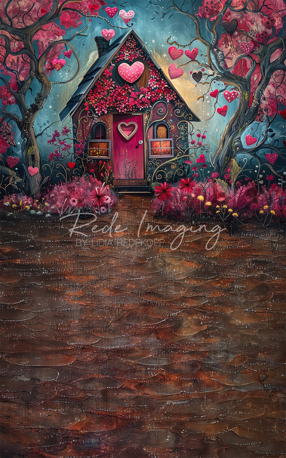 Sweep Fine Art Fantasy Cartoon Forest Red Heart Hut Foto Achtergrond Designed by Lidia Redekopp