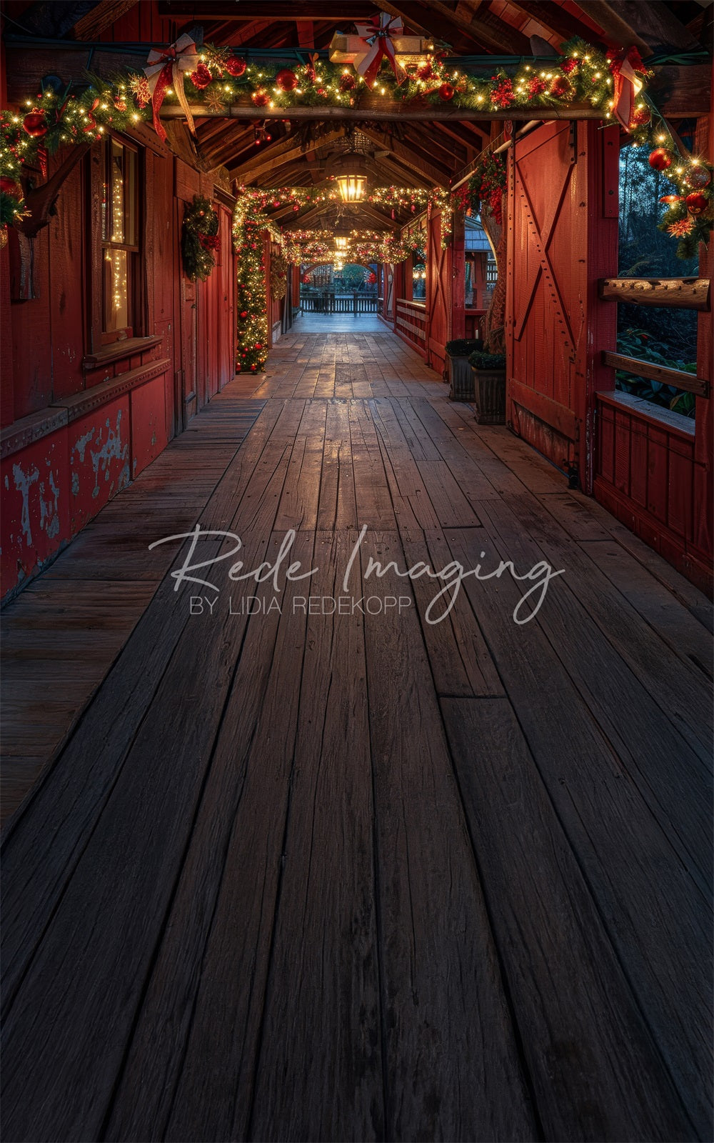 Kate Sweep Christmas Night Brown Wooden Cottage Hallway Bridge Backdrop Designed by Lidia Redekopp