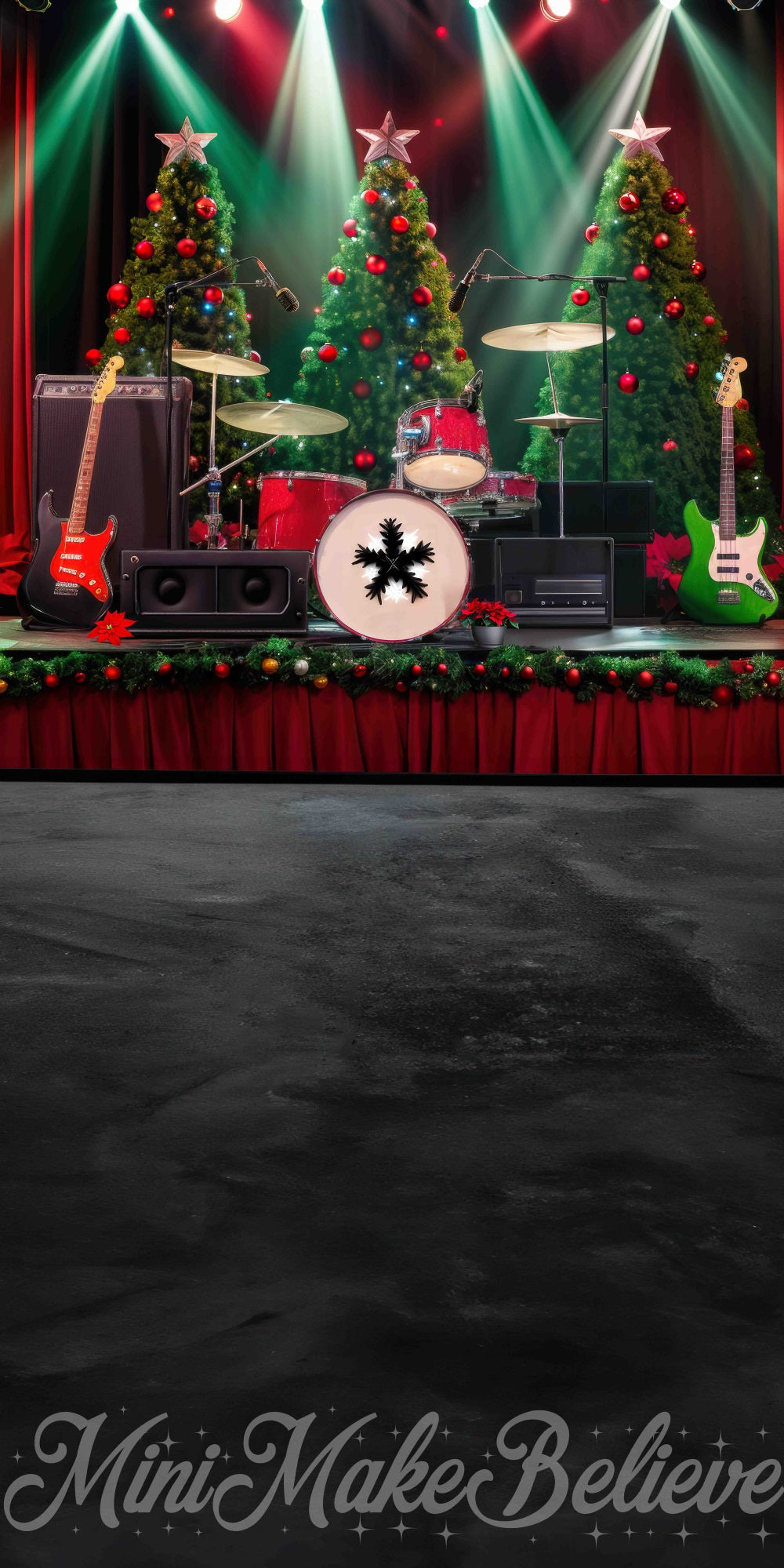 Retro Kerstboom Rock Muziek Podium Foto Achtergrond Designed by Mini MakeBelieve