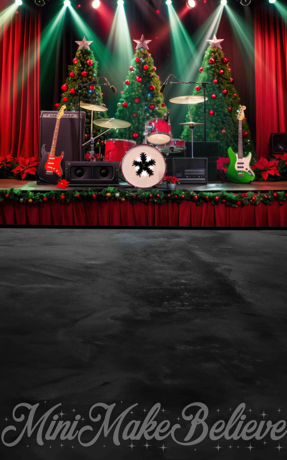 Retro Kerstboom Rock Muziek Podium Foto Achtergrond Designed by Mini MakeBelieve