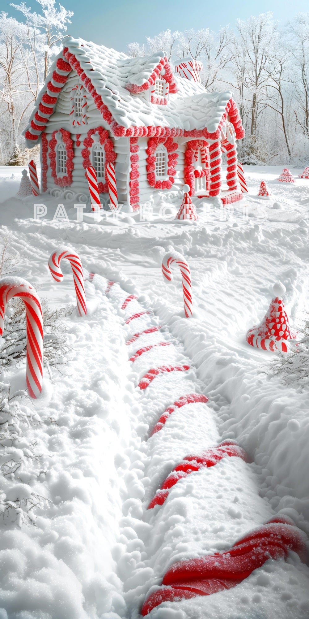 Sweep Kerstmis Sneeuw Bedekte Huis Candy Cane Weg Foto Achtergrond Designed by Patty Robert