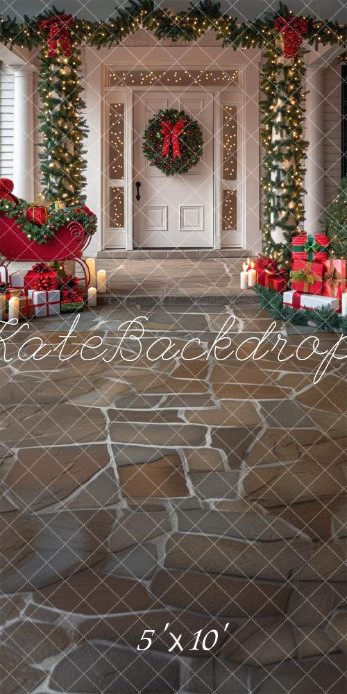 Kate Sweep Christmas White Wooden Door Gifts Cobble Stone Backdrop Designed by Mini MakeBelieve