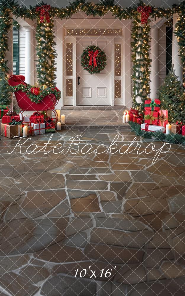 Kate Sweep Christmas White Wooden Door Gifts Cobble Stone Backdrop Designed by Mini MakeBelieve