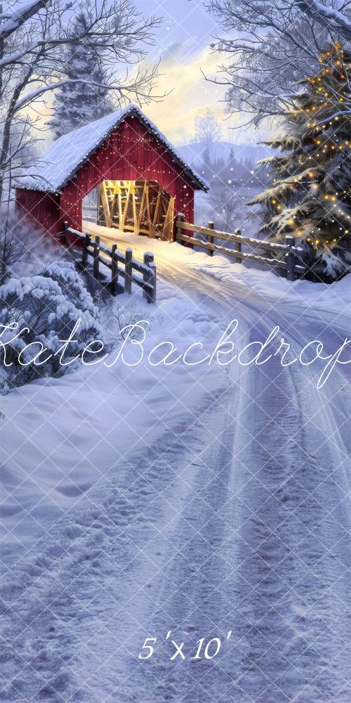 Kate Sweep Christmas Red Barn Bridge Backdrop Designed by Lidia Redekopp