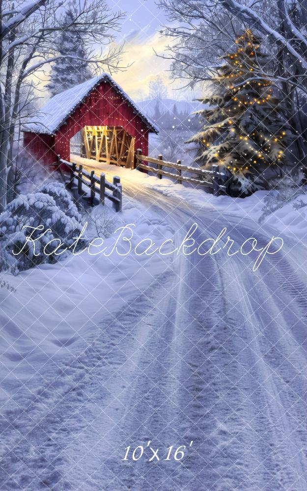 Kate Sweep Christmas Red Barn Bridge Backdrop Designed by Lidia Redekopp