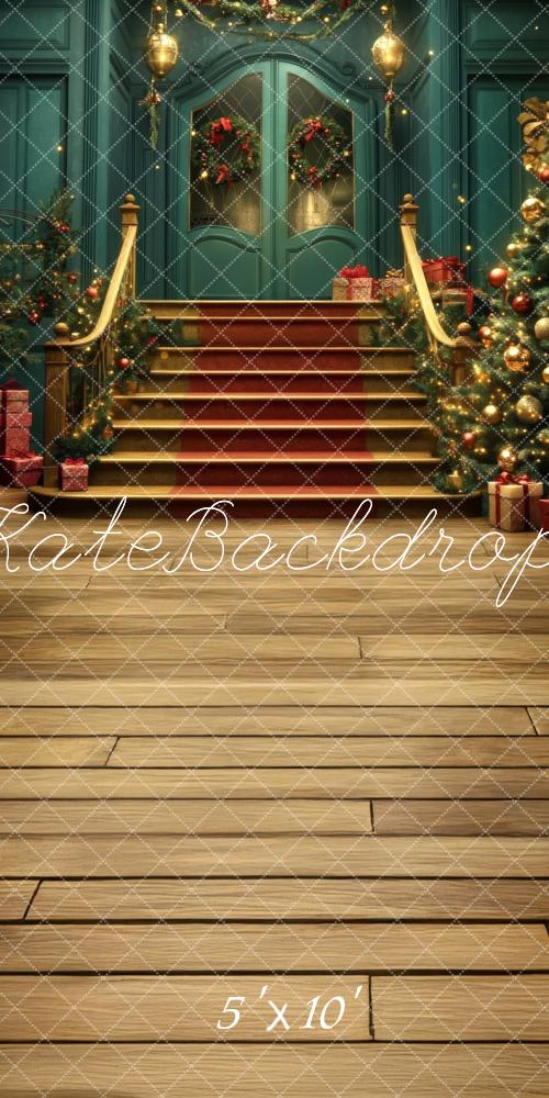 Kate Sweep Christmas Tree Cascading Stairs Blue Backdrop Designed by Lidia Redekopp