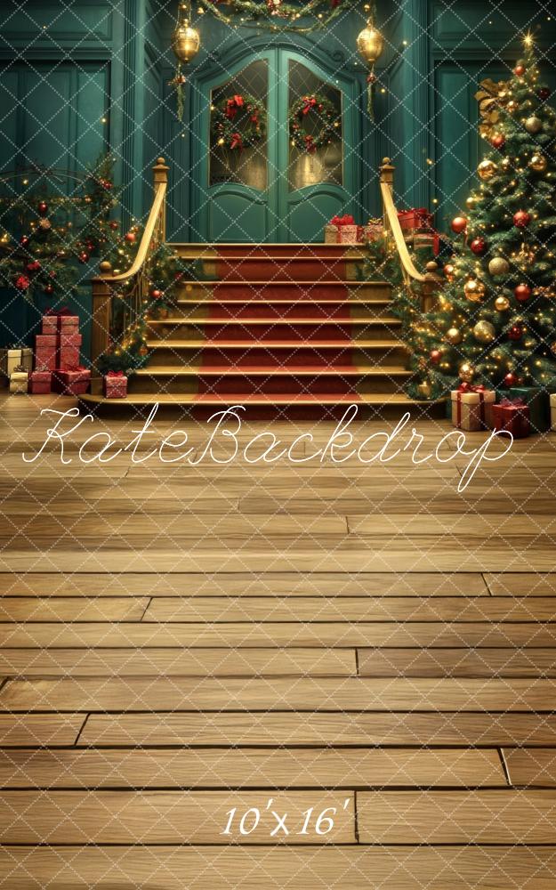 Kate Sweep Christmas Tree Cascading Stairs Blue Backdrop Designed by Lidia Redekopp