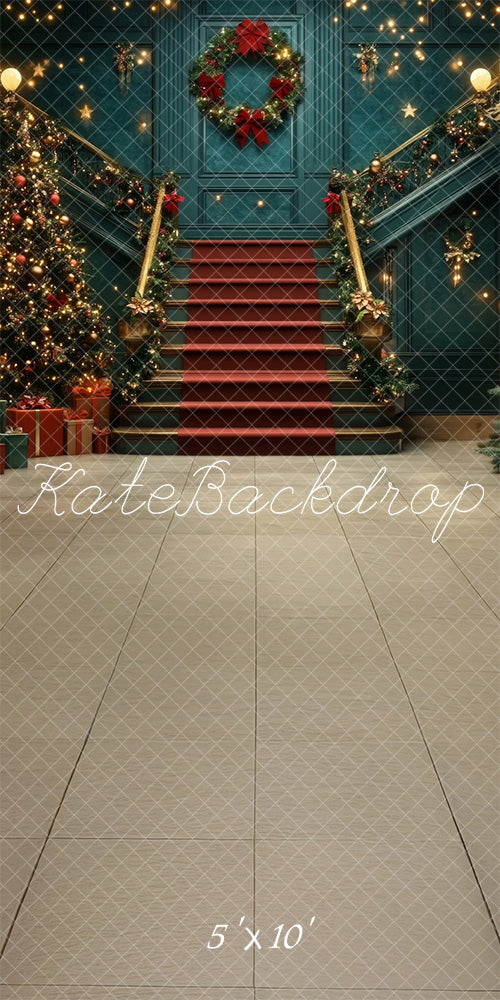 Kate Sweep Christmas Tree Cascading Stairs Retro Blue Backdrop Designed by Lidia Redekopp