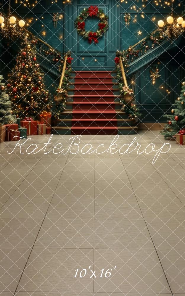 Kate Sweep Christmas Tree Cascading Stairs Retro Blue Backdrop Designed by Lidia Redekopp