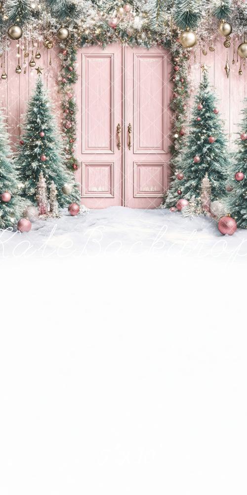 Kate Sweep Christmas Tree Pink Door Snowy Backdrop Designed by Lidia Redekopp