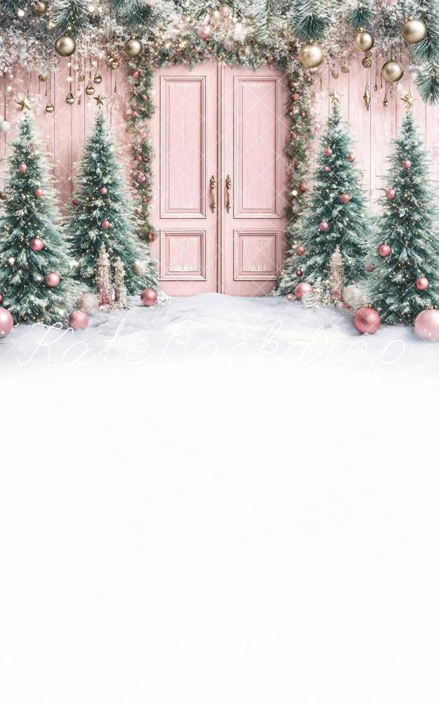 Kate Sweep Christmas Tree Pink Door Snowy Backdrop Designed by Lidia Redekopp