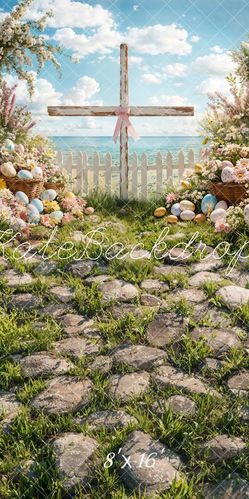 Kate Sweep Easter Floral Cross Eggs Backdrop Designed by Emetselch