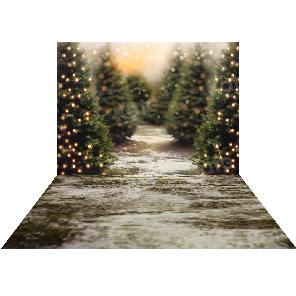 Sfondo della fattoria degli alberi di Natale + sfondo del pavimento invernale