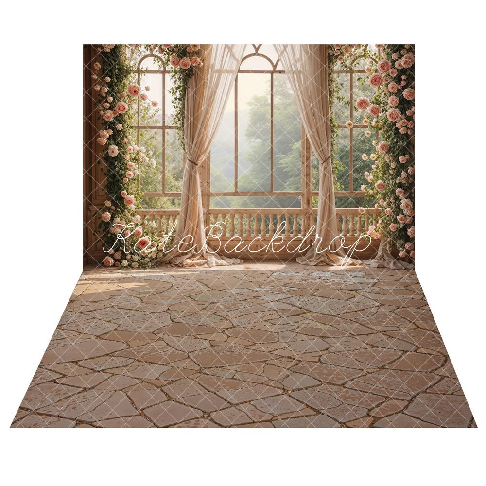 Kate Spring Pink Flowers Window Room Backdrop+Muddy Stone Floor Backdr