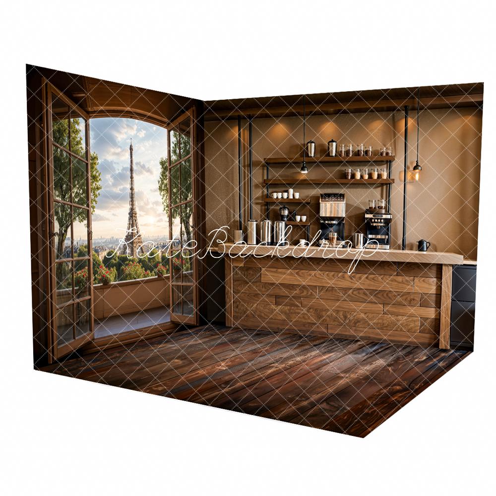 Modern Elegant Brown Wood Grain Bar Counter Wall Room Set