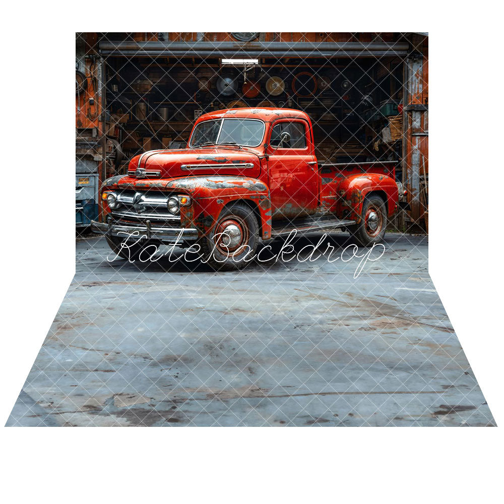 Oude Garage Rode Truck Achtergrond+Abstracte Textuur Grijs Blauw Verloopvloer