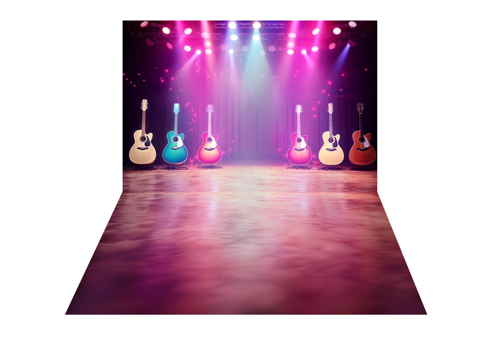 Sfondo del palco illuminato per chitarra e musica + sfondo del pavimento con texture sfumata bianco viola astratta