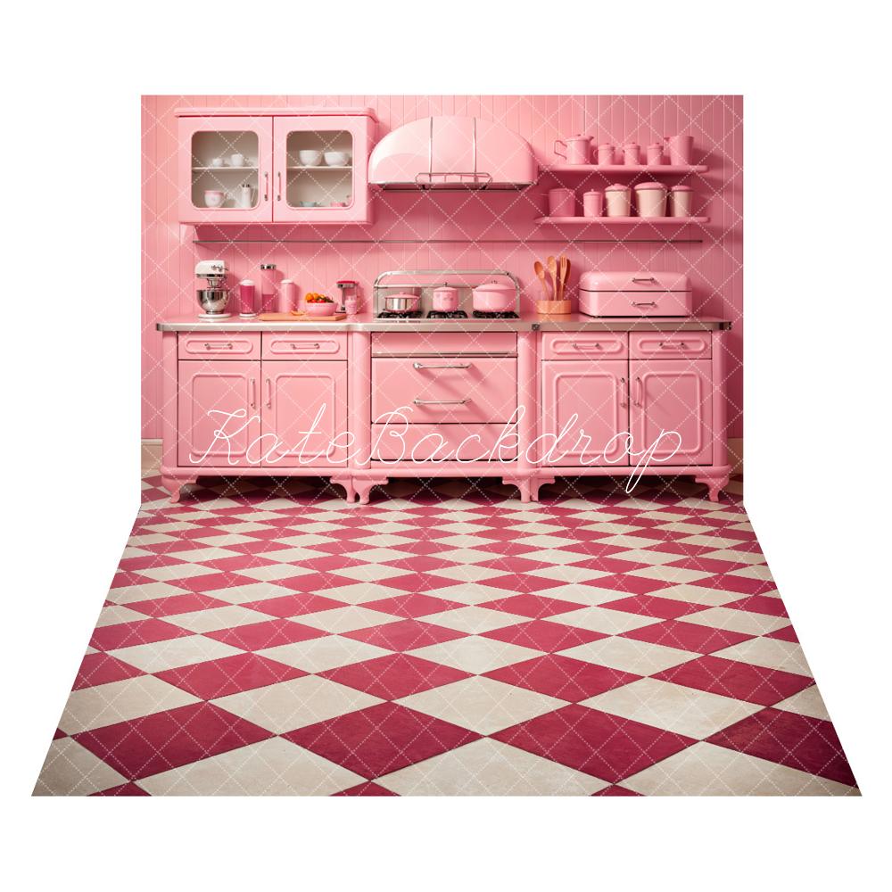 Sfondo Cucina Moderna Rosa + Sfondo Pavimento Scozzese Rosso e Bianco Classico Vintage