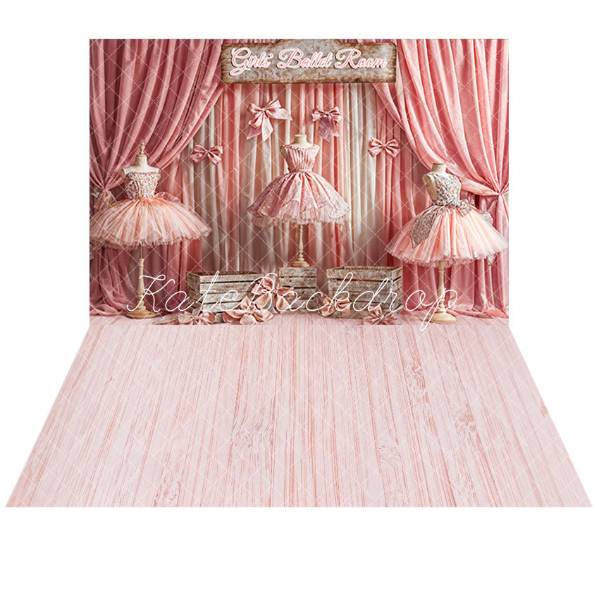 Roze Meisjes Ballet Kamer Teken Dansjurk Gradiënt Gordijn Achtergrond + Roze Gestreept Houten Vloer Achtergrond