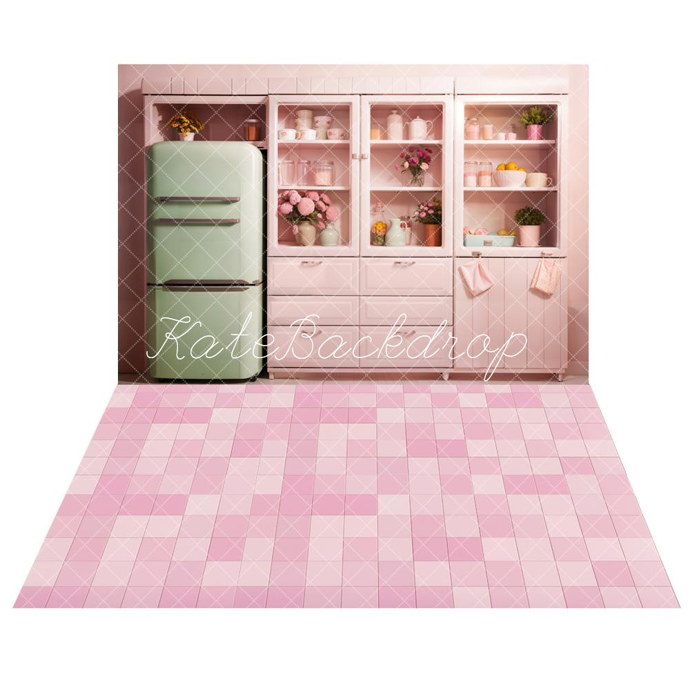 Fantasie Groene Koelkast Roze Kast Moderne Keukenachtergrond + Retro Roze en Wit Gestreepte Vloerachtergrond