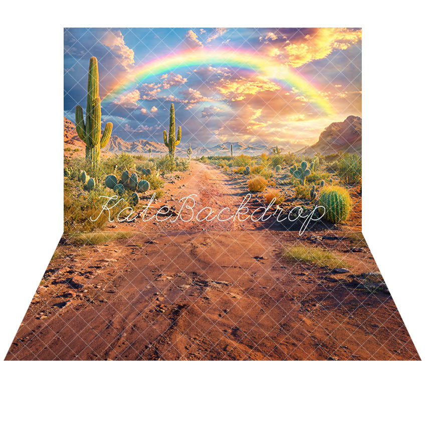 Fantasy Bokeh-woestijn-cactus-regenboogberg-wolk-zandwegachtergrond+woestijn groene plant donkerbruine natte zandwegvloerachtergrond