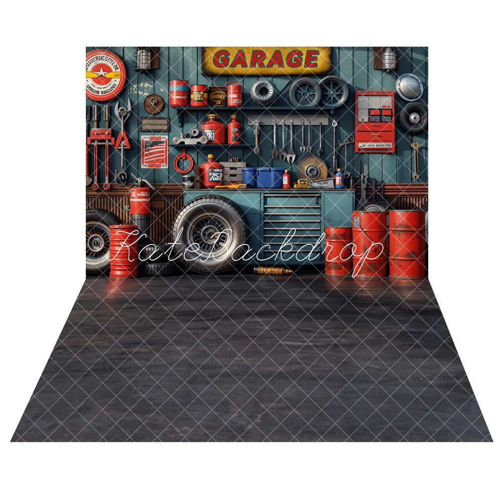 Porta attrezzi moderno e copertoni per garage rosso, sfondo nero astratto con gradiente di texture del pavimento.