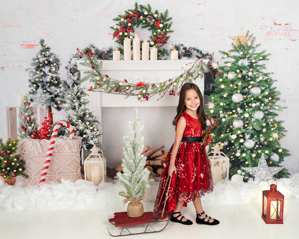 Kate Christmas Tree Elk Brick Fireplace Backdrop for Photography