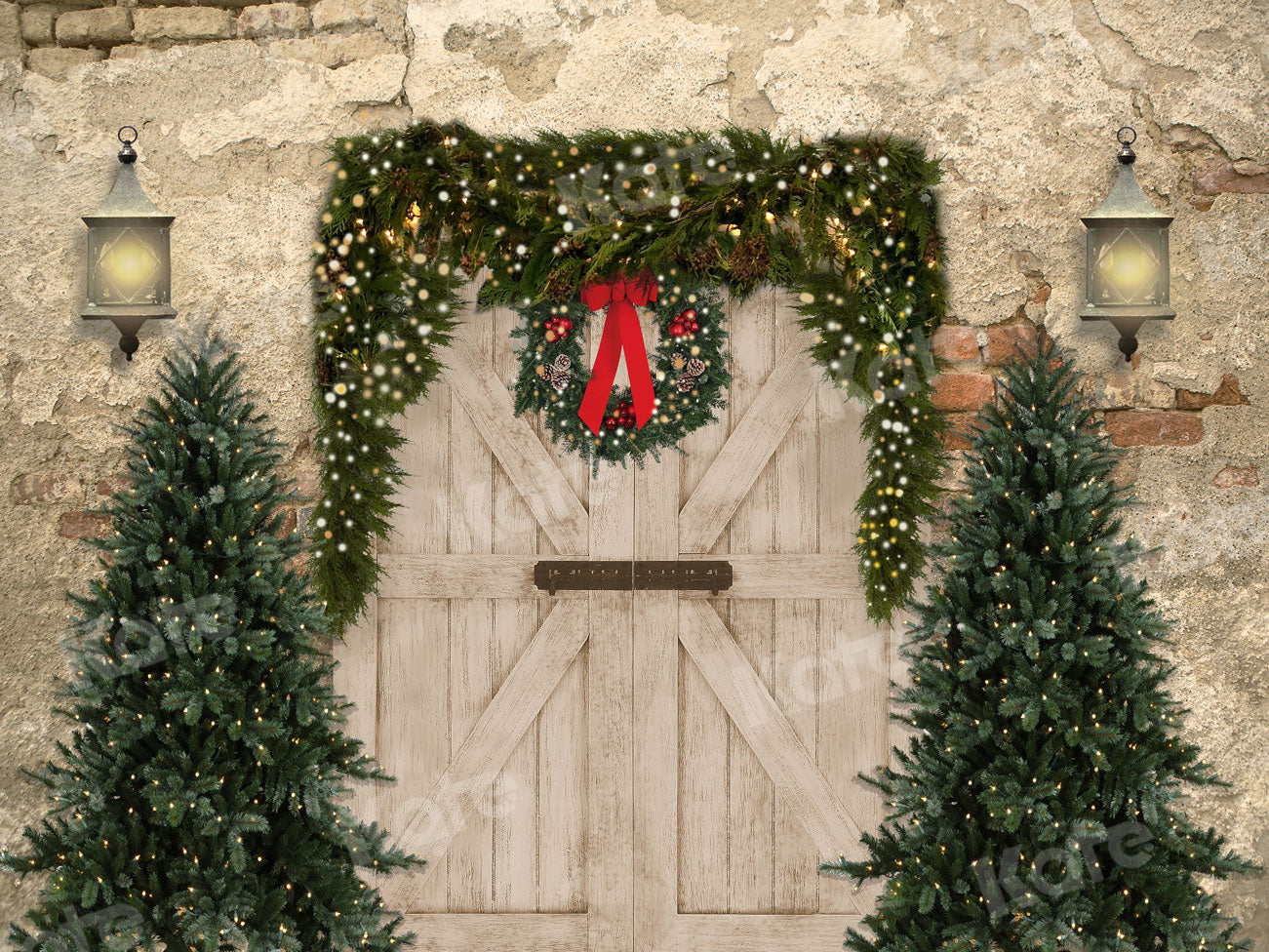 Sfondo natalizio RTS Mattone Muro Porta e Alberi di Natale Progettato da JS Photography