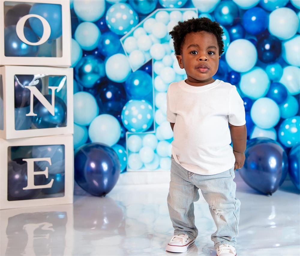 Kate Blue Balloon Wall Backdrop First Birthday Cake Smash for Photography Designed by Kerry Anderson