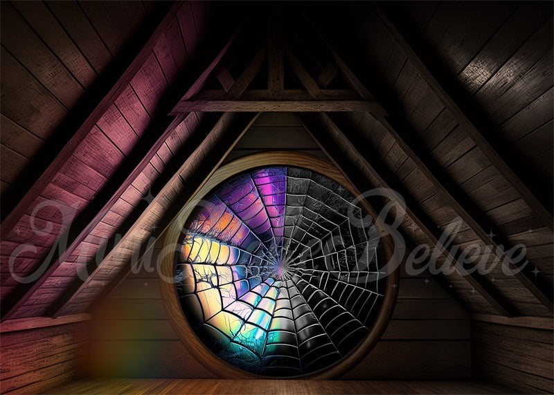 RTS Spooky Halloween Zolder Studentenkamer Kleurrijk Spinneweb Raamachtergrond Ontworpen door Mini MakeBelieve