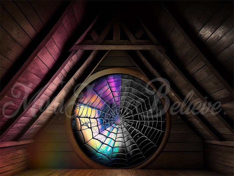 Halloween Spooky Attic Dorm Room con ragnatele colorate sullo sfondo della finestra progettato da Mini MakeBelieve