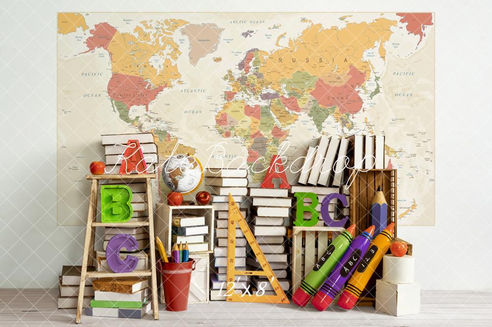 Kate Back to School World Map Book Shelf Backdrop Designed by Emetselch