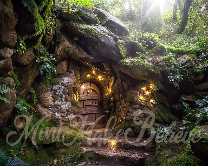 Pintura RTS de Hobbit Gnome Elfo Hada en Casa sobre Rocas con Fondo de Bosque Diseñada por Mini MakeBelieve