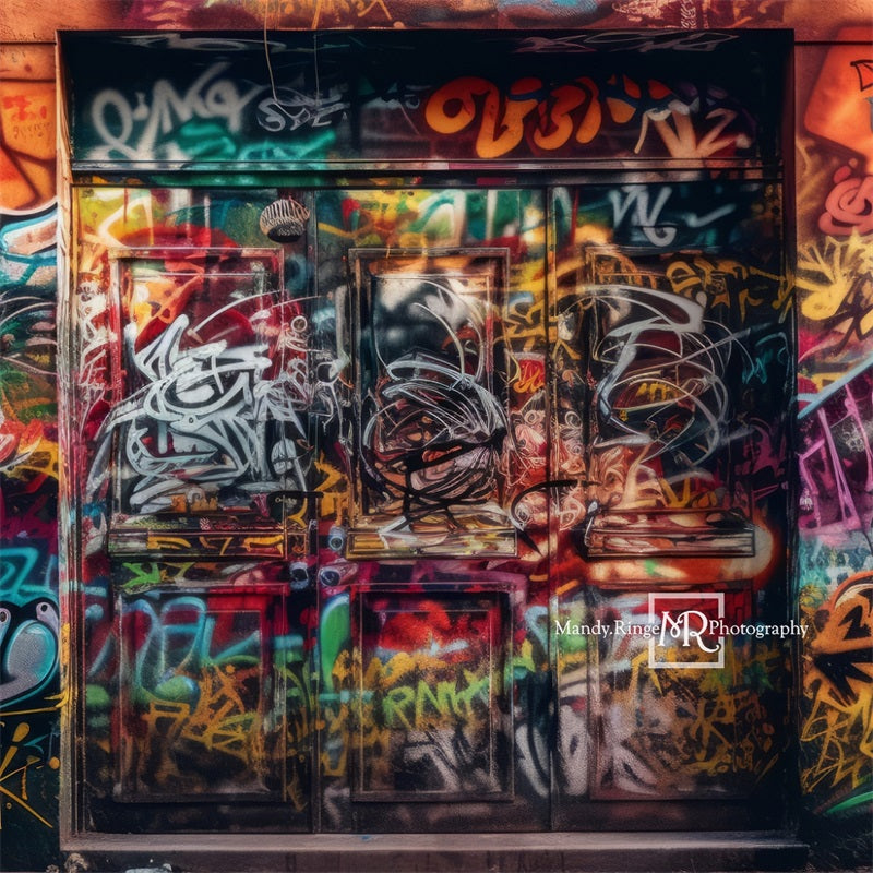 Sfondo murale colorato con graffiti e porta progettato da Mandy Ringe Photography
