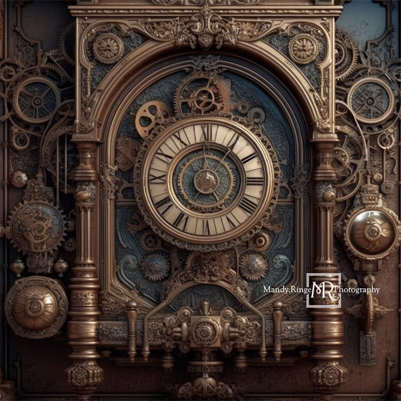 Pared Steampunk con Engranajes y Fondo de Reloj Diseñado por Mandy Ringe Photography