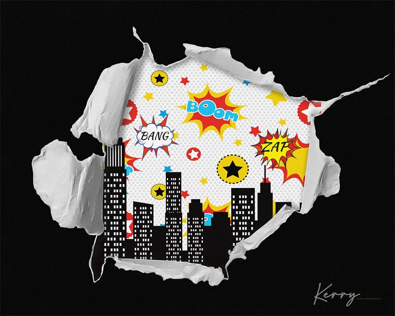 Sfondo rotto della città dei supereroi per fotografia progettato da Kerry Anderson