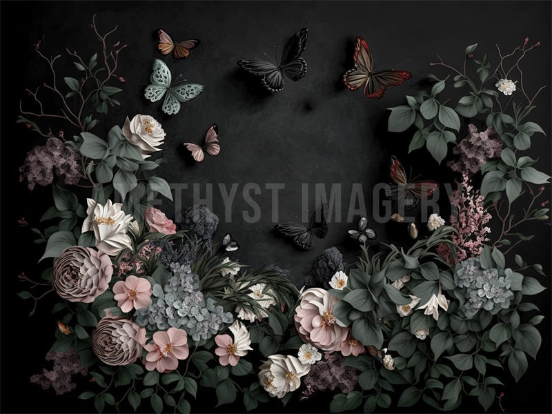 Fondo de pared floral negro con mariposas diseñado por Angela Miller