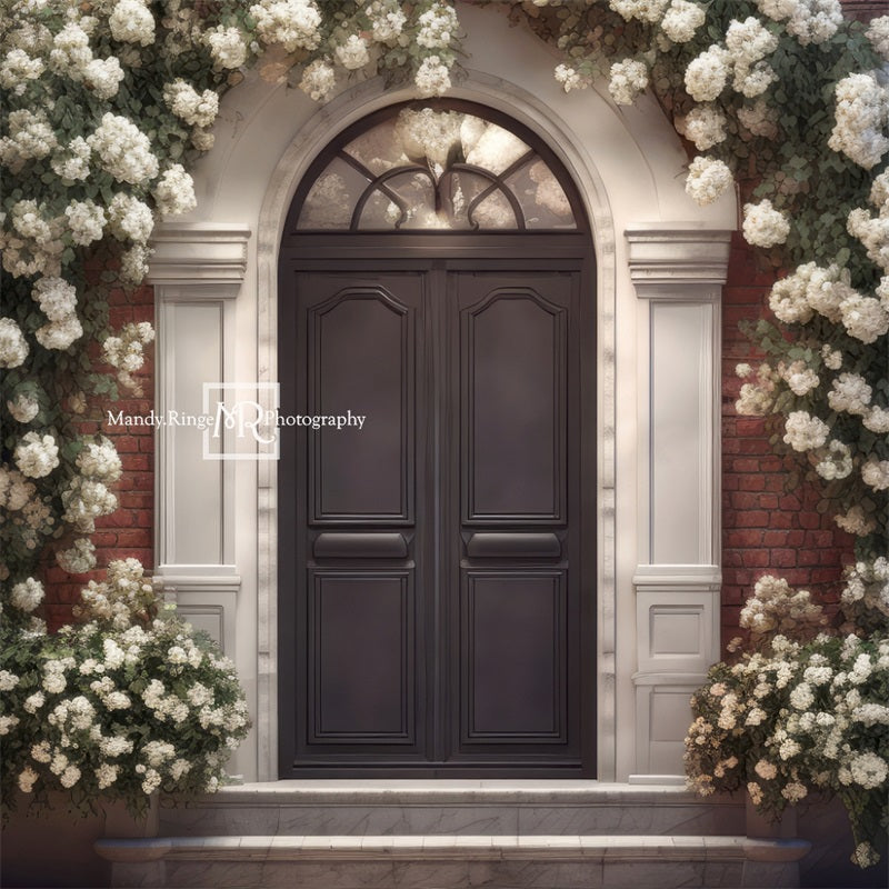 Kate White Flower Arch with Front Door Backdrop Designed by Mandy Ringe Photography