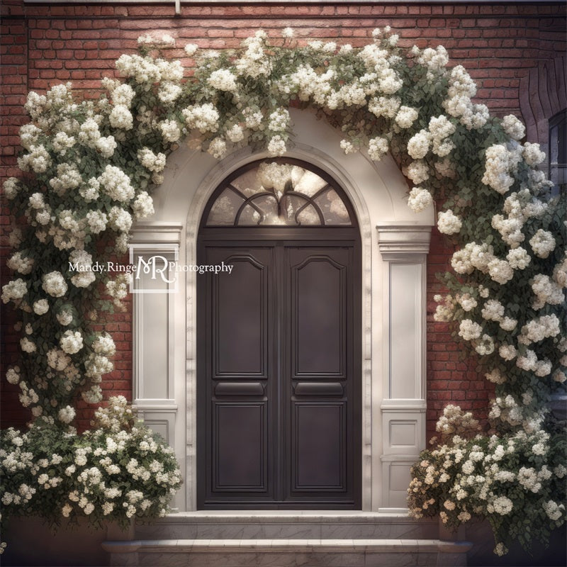 Kate White Flower Arch with Front Door Backdrop Designed by Mandy Ringe Photography